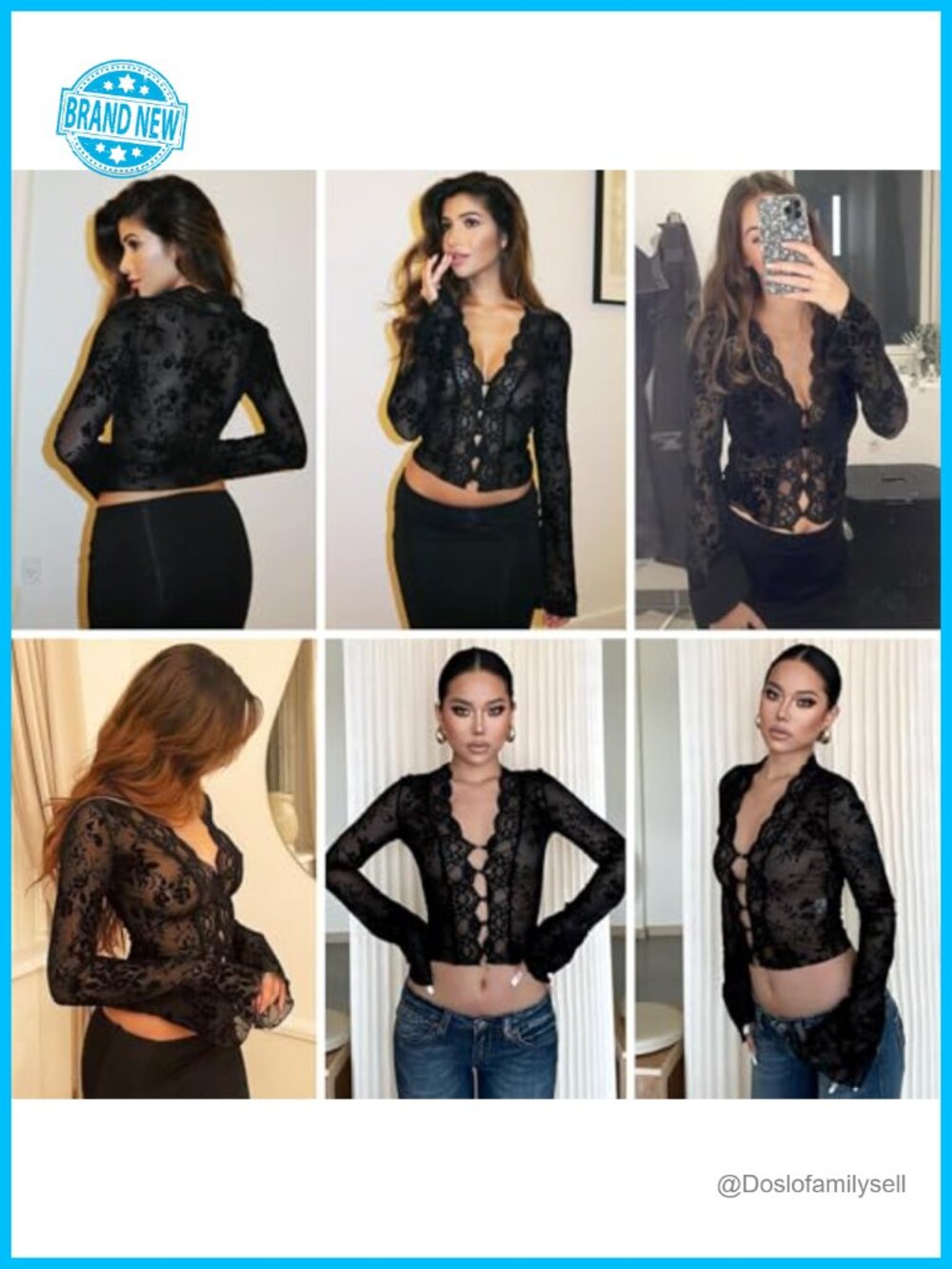 Women's Sheer Mesh Leopard Print Crop Top Long Flare Sleeve Deep V Lace Blouse - Picture 5 of 6